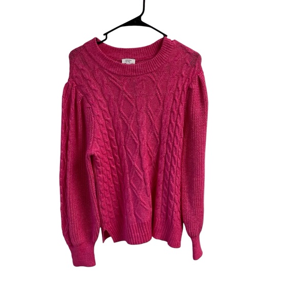 Crown & Ivy Womens Cozy Pink Cable Knit Sweater Crew Neck Puff Sleeve Pullover M - Picture 1 of 13